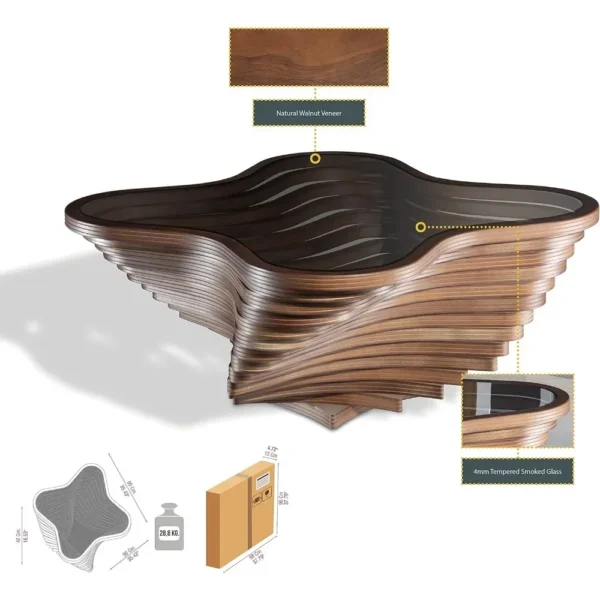 Natural Walnut Veneer Coffee Tables for Living Room | Model Susan | Elegant Center Table with Glass Top | Stylish Walnut Color - Image 5