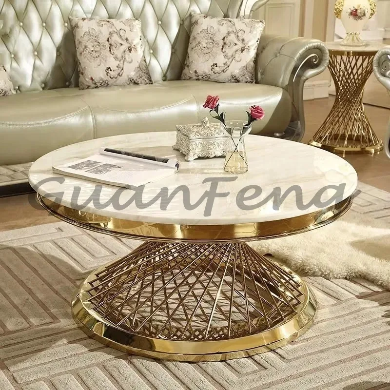 wholesale living room furniture european modern design gold round Black marble coffee table with stainless steel legs